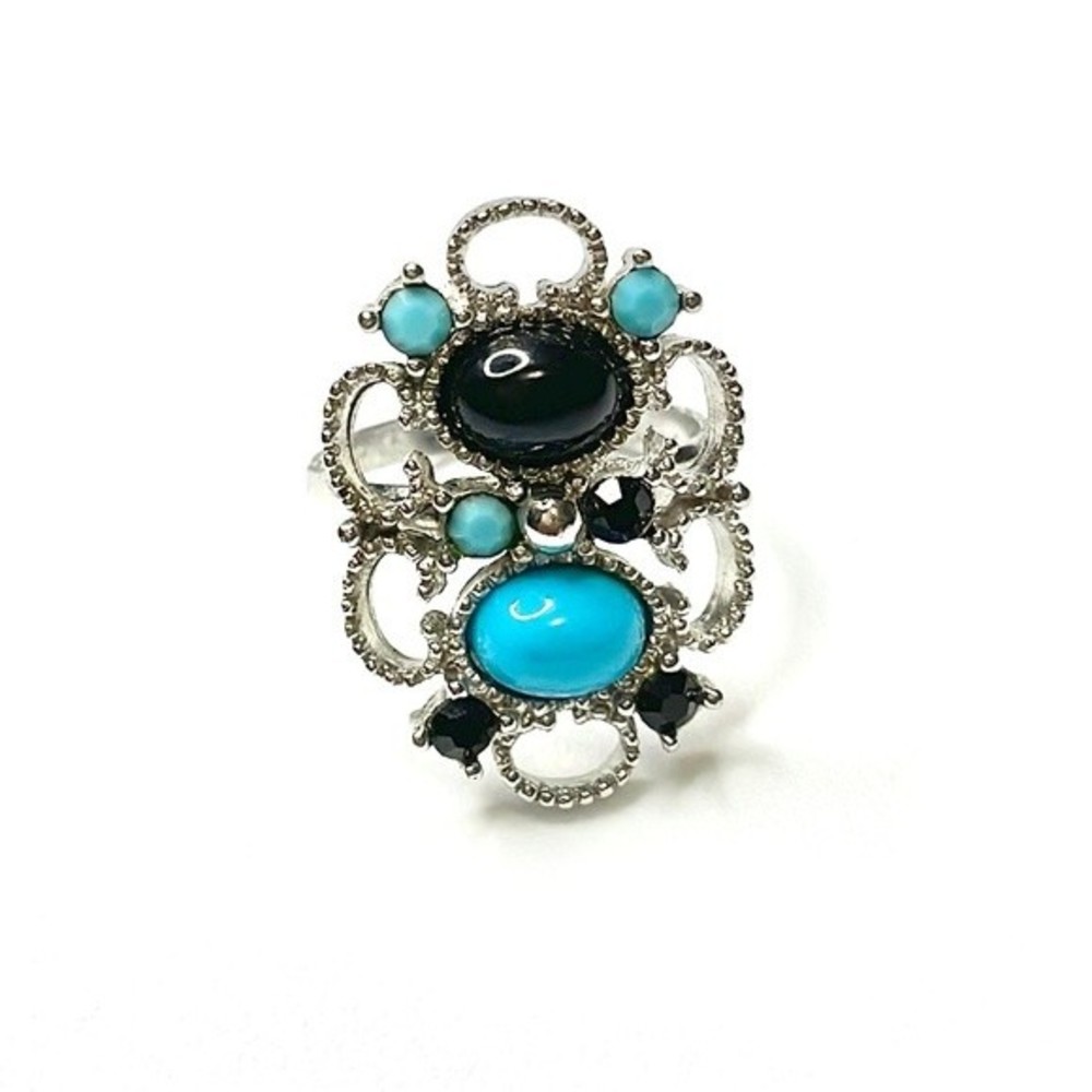 Vintage Caroline Emmons Aztec Lace Blue and Black Cabochons Silver Tone Ring
